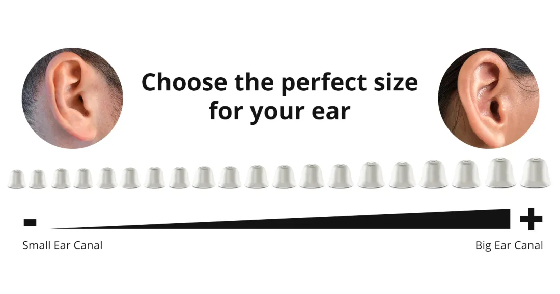 Row of silicone ear domes in ten sizes